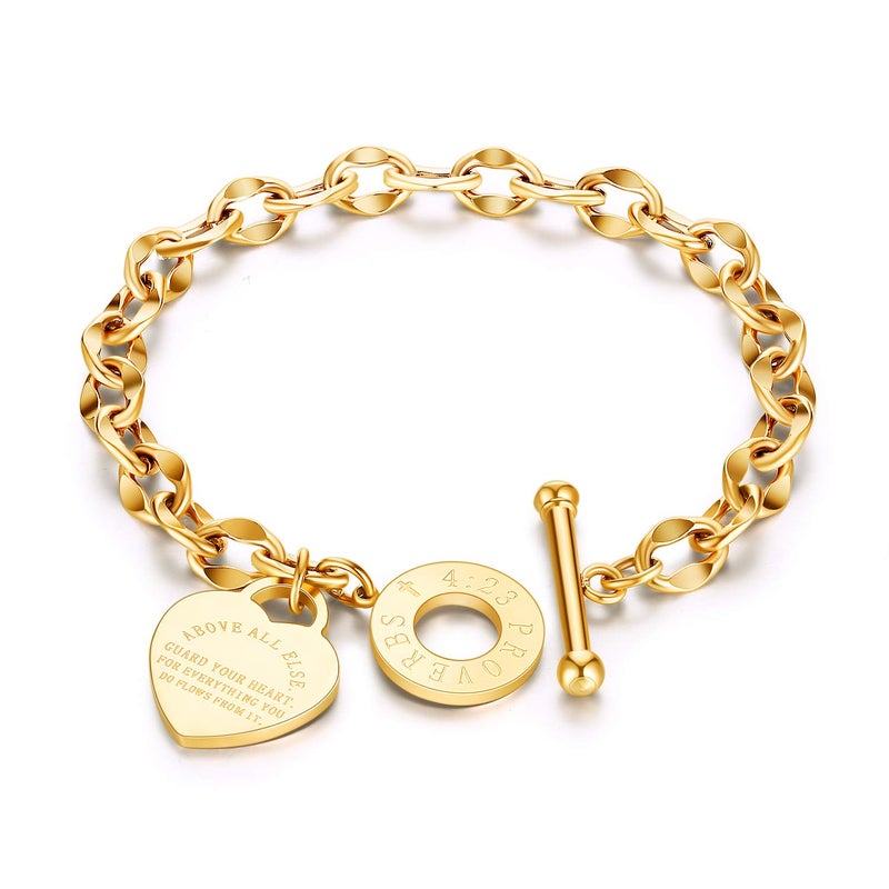 kelistom 316L Stainless Steel Love Heart Charm Bracelet for Women Romantic Gift 18k Gold Plated OT Clasp Bracelets (18k gold) - Image 1